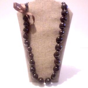 Kukui Nut Hawaiian Hand Knotted Lei Necklace 30” Brown Ribbon Tie